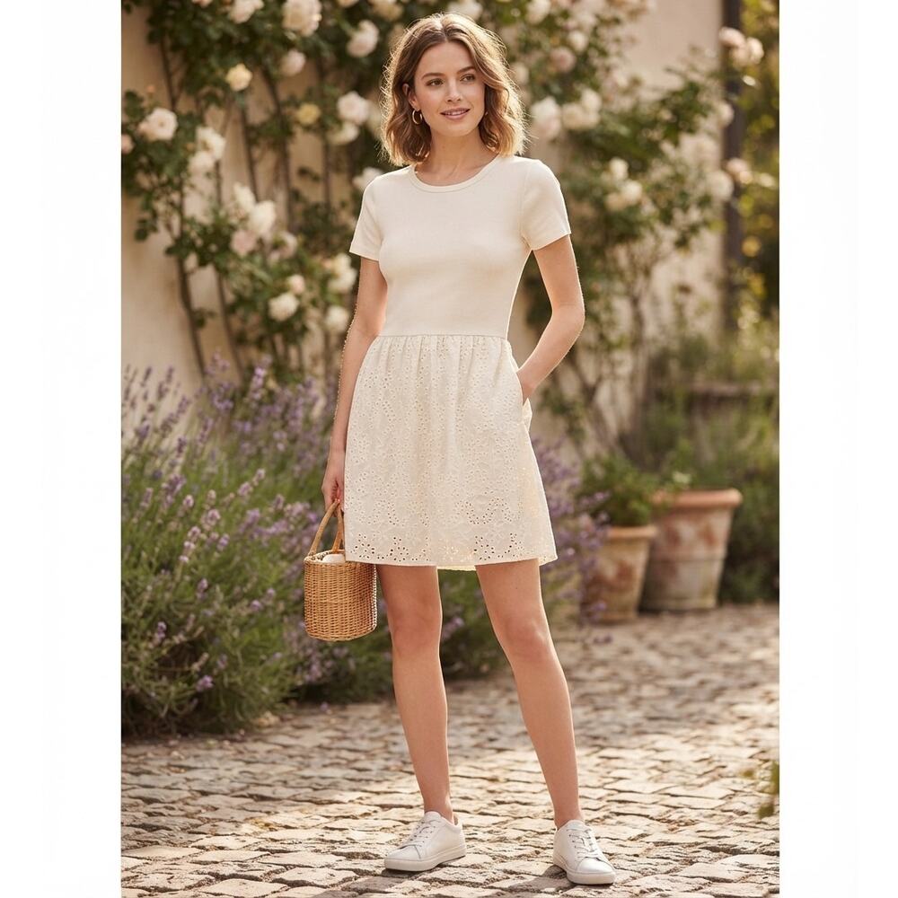 Saint + Sophia Organic Cotton Fit & Flare Mixed Media Eyelet Dress, size 8